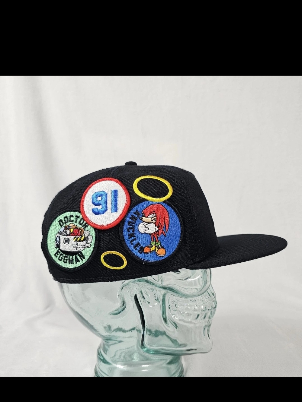 Sonic The Hedgehog Hat Knuckles Eggman Patches Black Snapback Cap 91 Rings Sega